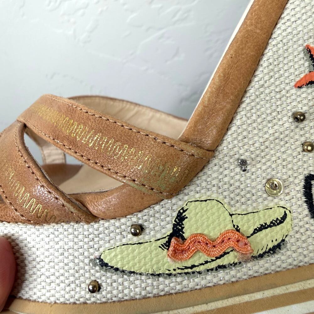 COACH Caroline Tan Leather Beach Embroidered Motifs Wedge Platform Sandals - Picture 15 of 16